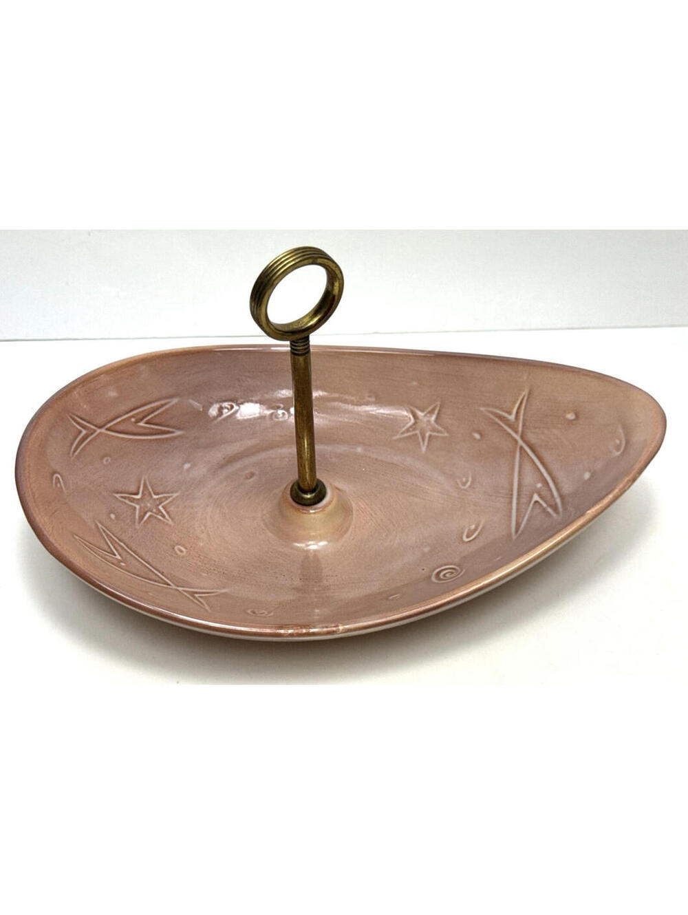 Vtg MCM Serving Tidbit Tray Brass Handle Incised Fish Stars Ocean Nautical Theme